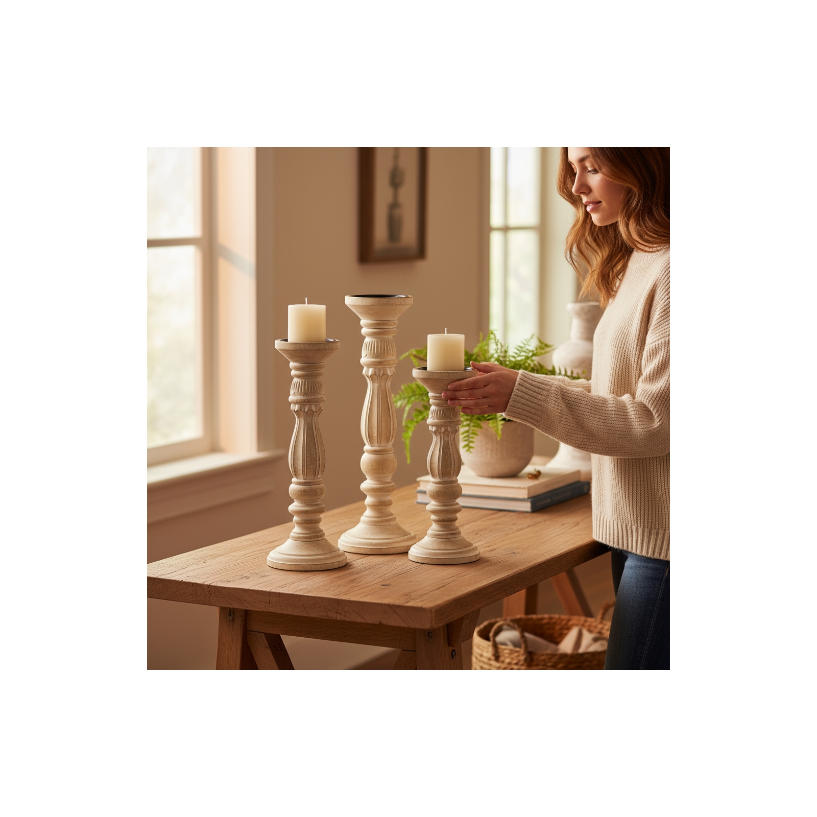 Set of 3 Annapolis Candle Holders-Bleached Wood